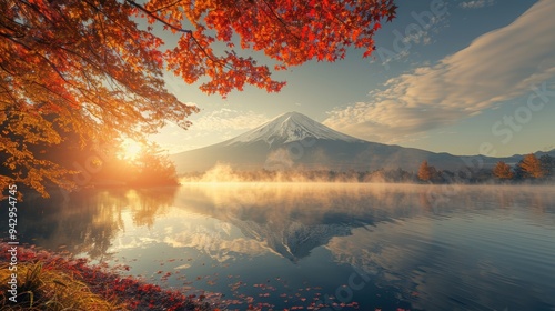 Captivating Autumn View of Mount Fuji Amidst a Serene Lakeside Sunrise Glow photo