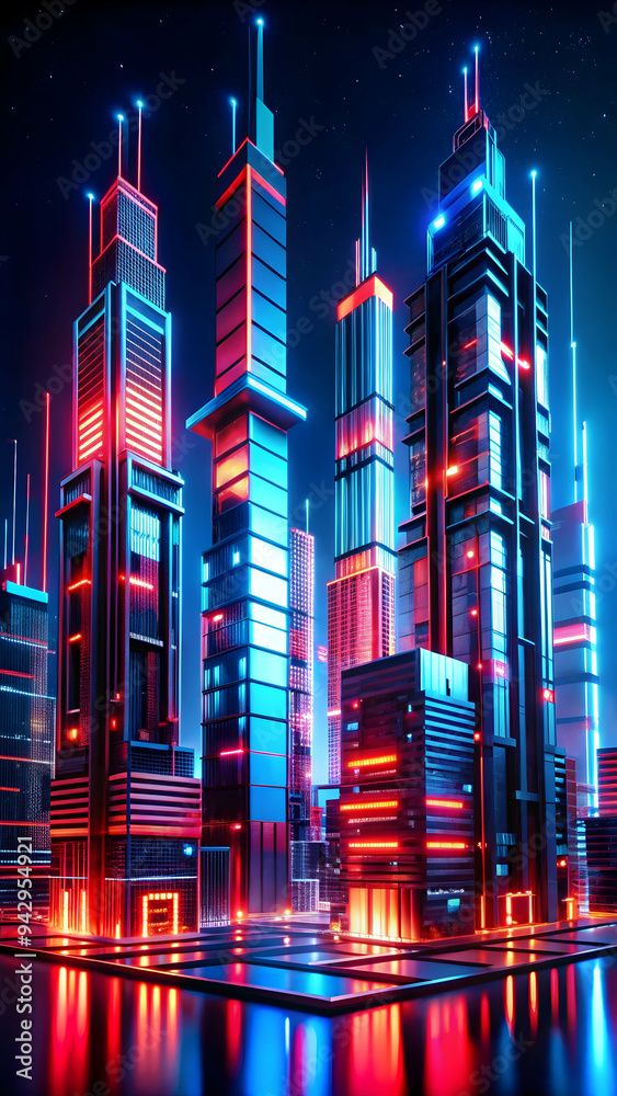 Obraz premium Neon Metropolis: A futuristic cityscape bathed in vibrant neon lights, reflecting a sense of urban dynamism and technological advancement. The towering skyscrapers, 