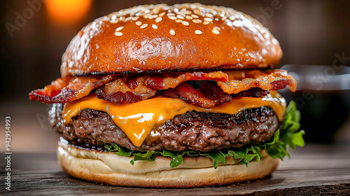 Mouthwatering Cheeseburger with Crispy Bacon and Cheese! photo