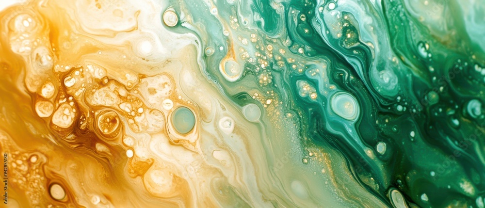 Abstract marbling oil acrylic paint background, swirling patterns in vibrant blues and greens, dynamic and fluid art wallpaper