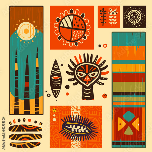 Eye-catching square card, banner, background, flyer, placard with ethnic ornaments. Gift tag, label or poster template with african tribal motifs. Vector illustration EPS8