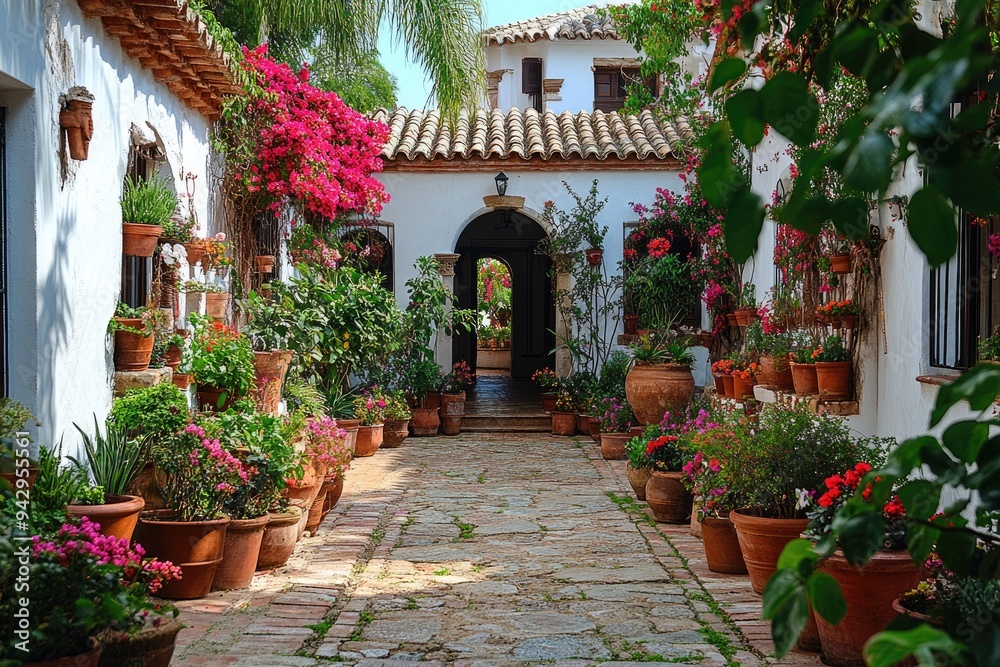 Naklejka premium Typical andalusian patio overflowing with flowers leading to a lighted entrance