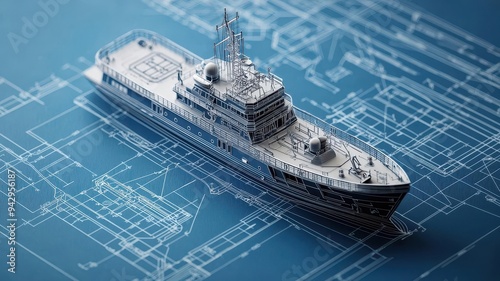 Detailed blueprint of a ship with clear framework lines, intricate naval architecture