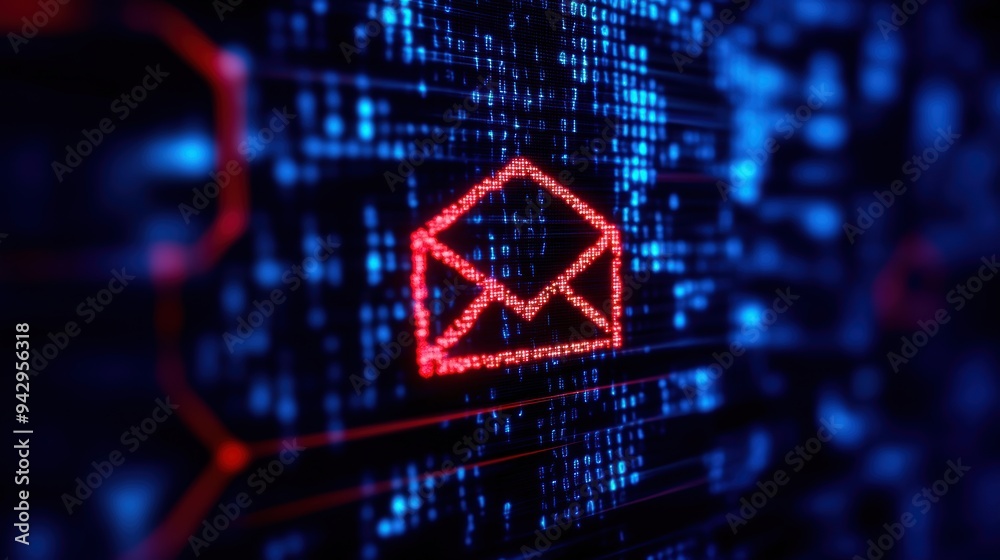 Digital inbox screen showing an email with an attachment icon and a red alert symbol, focusing on the risk of malware Digital inbox screen showing an email with an attachment icon and a red alert symbol, focusing on the risk of malware