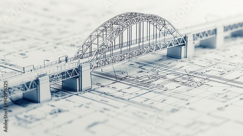 Blueprint of a bridge with intricate framework and clear line detailing, structural engineering focus