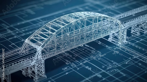 Blueprint of a bridge with intricate framework and clear line detailing, structural engineering focus