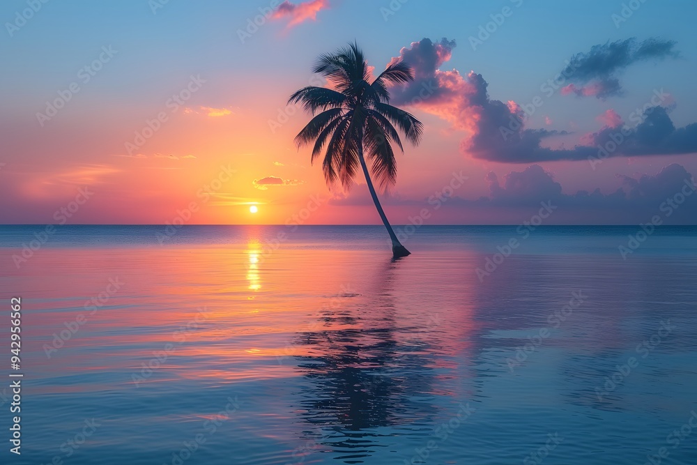 Tropical Sunset Over Calm Ocean with Silhouette Palm Tree - Tranquil Scenic Landscape Tropical Sunset Over Calm Ocean with Silhouette Palm Tree - Tranquil Scenic Landscape