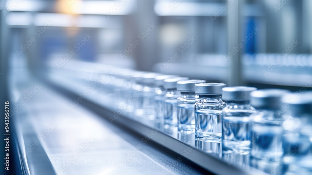 Close-up of a high-end vaccine production line in a sleek factory, bathed in clean, bright lighting, showcasing advanced technology and precision Close-up of a high-end vaccine production line in a sleek factory, bathed in clean, bright lighting, showcasing advanced technology and precision