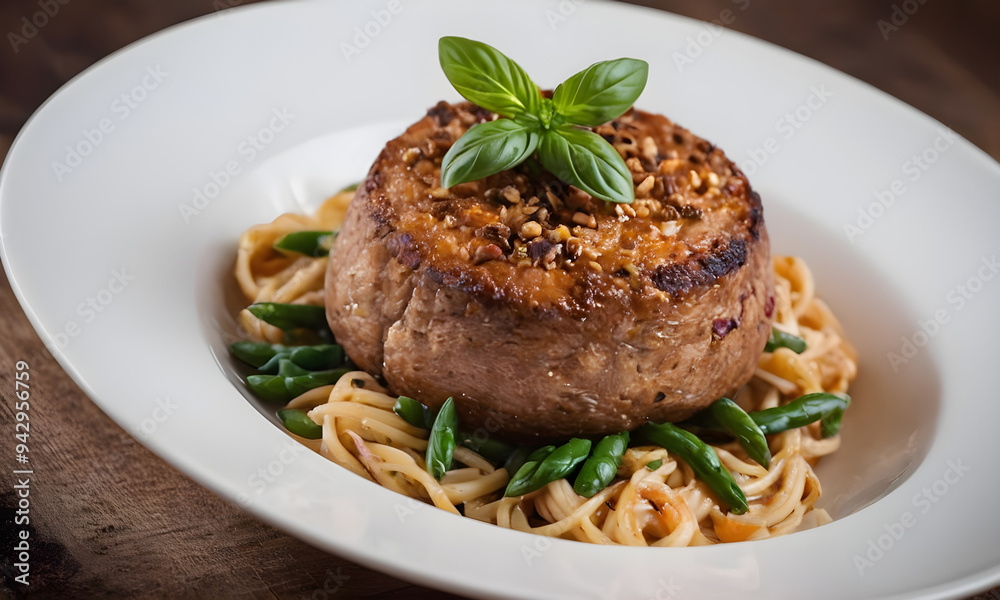 Vegan hamburger steak resting on bed of linguine pasta with green beans and toasted pine nuts garnished with basil Vegan hamburger steak resting on bed of linguine pasta with green beans and toasted pine nuts garnished with basil