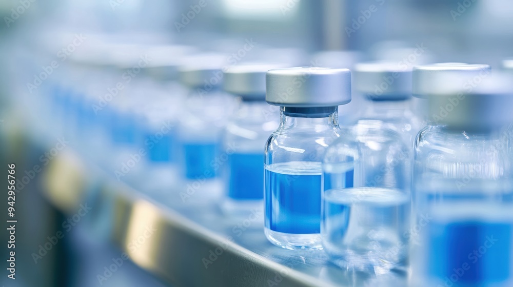 Detailed close-up of a high-end vaccine production line, in a sleek and sterile factory setting with bright, clean lighting Detailed close-up of a high-end vaccine production line, in a sleek and sterile factory setting with bright, clean lighting
