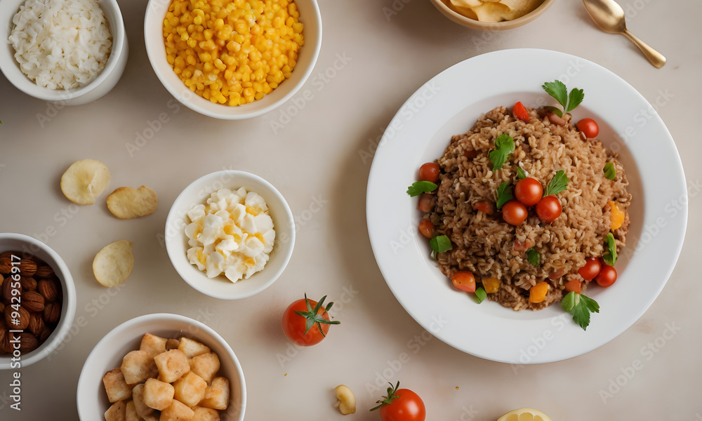 Brown rice dish surrounded by bowls of food on table Brown rice dish surrounded by bowls of food on table