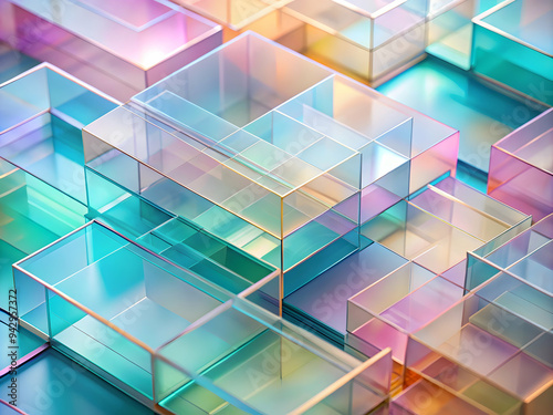 Abstract Glass Cubes: An intricate composition of translucent, multi-colored glass cubes creates a mesmerizing and captivating visual, playing with light and shadow to evoke a sense of depth and dimen photo