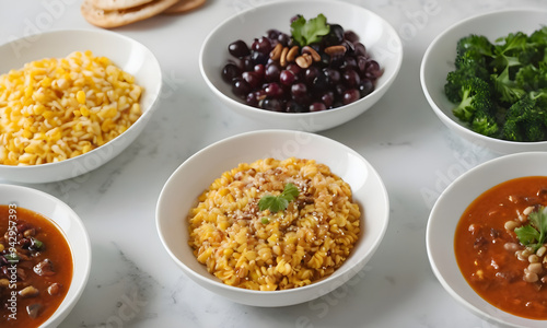 Delicious dishes in bowls on white marble tabletop