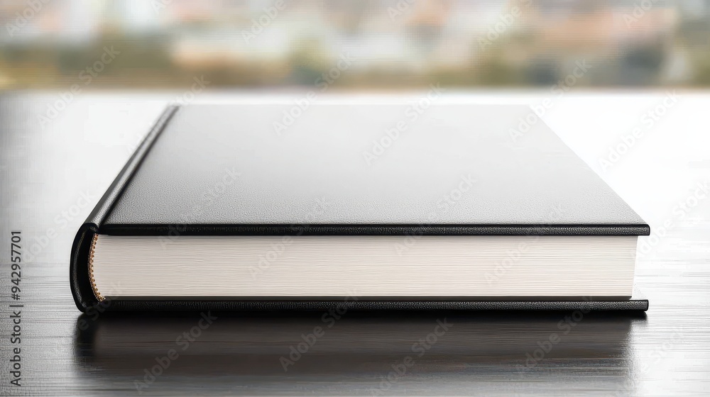A book is laying on a table with the spine facing up. The book is black and white and has a wooden cover A book is laying on a table with the spine facing up. The book is black and white and has a wooden cover