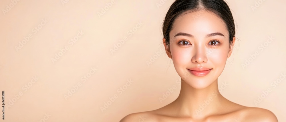 Asian woman with radiant, fresh skin on a soft beige backdrop, emphasizing beauty, face care, and spa treatments in a serene portrait Asian woman with radiant, fresh skin on a soft beige backdrop, emphasizing beauty, face care, and spa treatments in a serene portrait