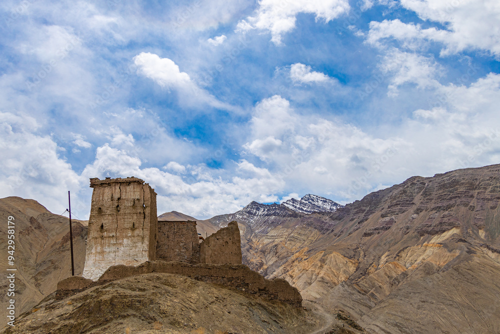 An old, abandoned castle on a mountain top with snow-clad mountains in the background at Ladakh, India.
An old, abandoned castle on a mountain top with snow-clad mountains in the background at Ladakh, India.