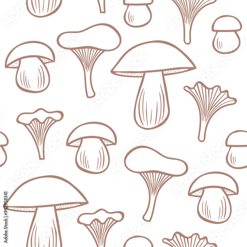 Seamless pattern with mushrooms, line art vector illustration.