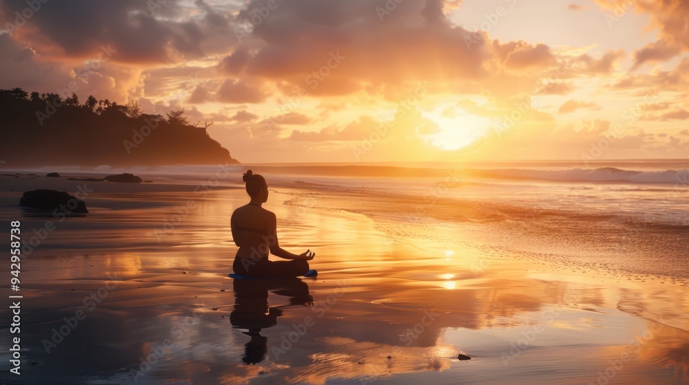 Woman meditating on beach at sunrise with ocean waves in the background. Woman meditating on beach at sunrise with ocean waves in the background.