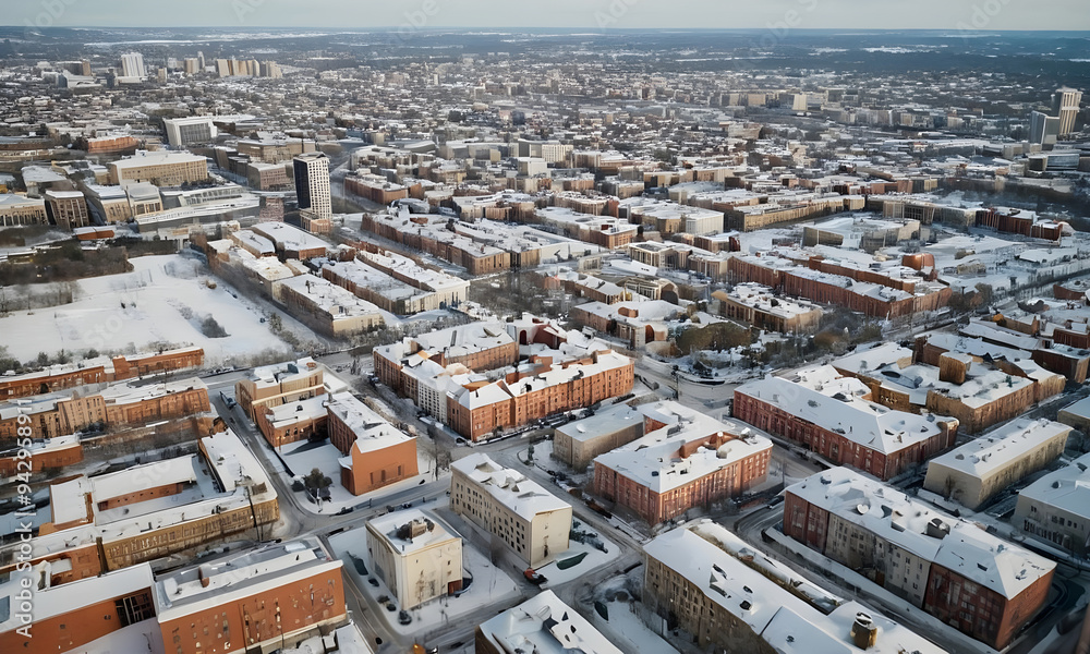 Obraz premium Aerial view of snow covered cityscape with buildings and streets