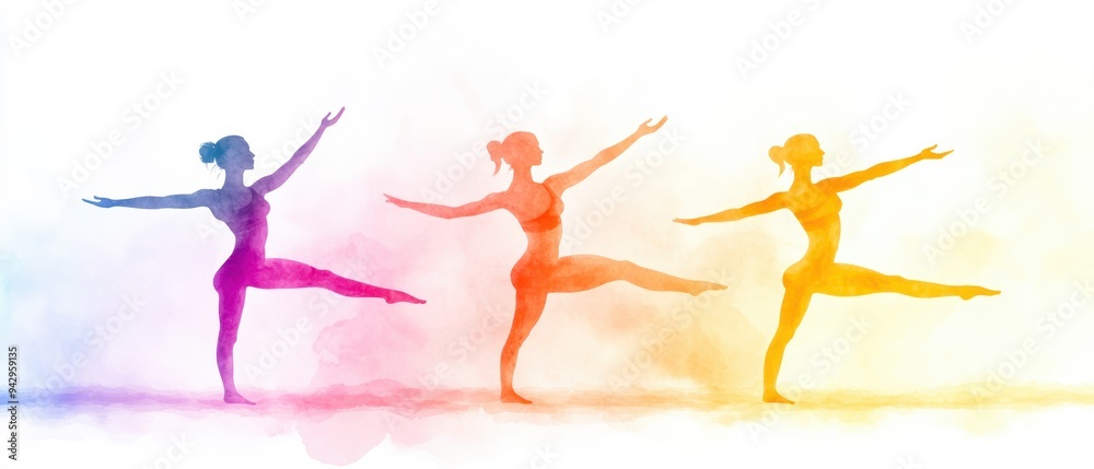 Obraz premium Crafted watercolor illustrations of yoga poses, ideal for use in class schedules, wellness retreats, or fitness apps, with soothing hues