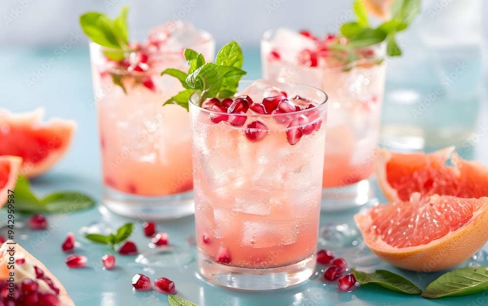 Three glasses of pink lemonade with a garnish of mint leaves. The glasses are filled with ice and the drink is served in a restaurant setting Three glasses of pink lemonade with a garnish of mint leaves. The glasses are filled with ice and the drink is served in a restaurant setting