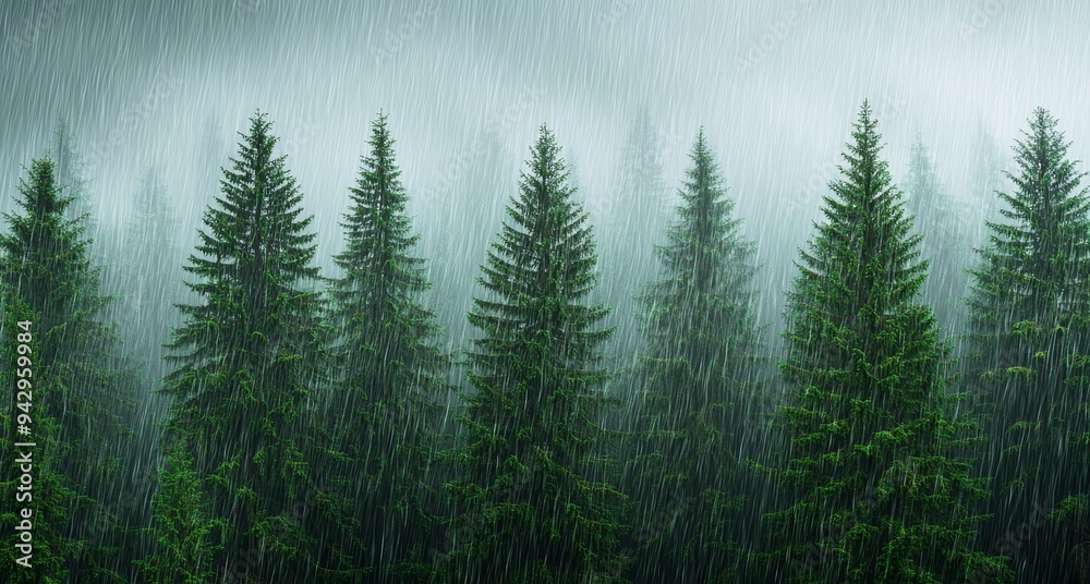 A dense forest of towering pine trees shrouded in mist, with rain pouring down, creating a refreshing and invigorating atmosphere A dense forest of towering pine trees shrouded in mist, with rain pouring down, creating a refreshing and invigorating atmosphere