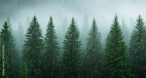 A dense forest of towering pine trees shrouded in mist, with rain pouring down, creating a refreshing and invigorating atmosphere