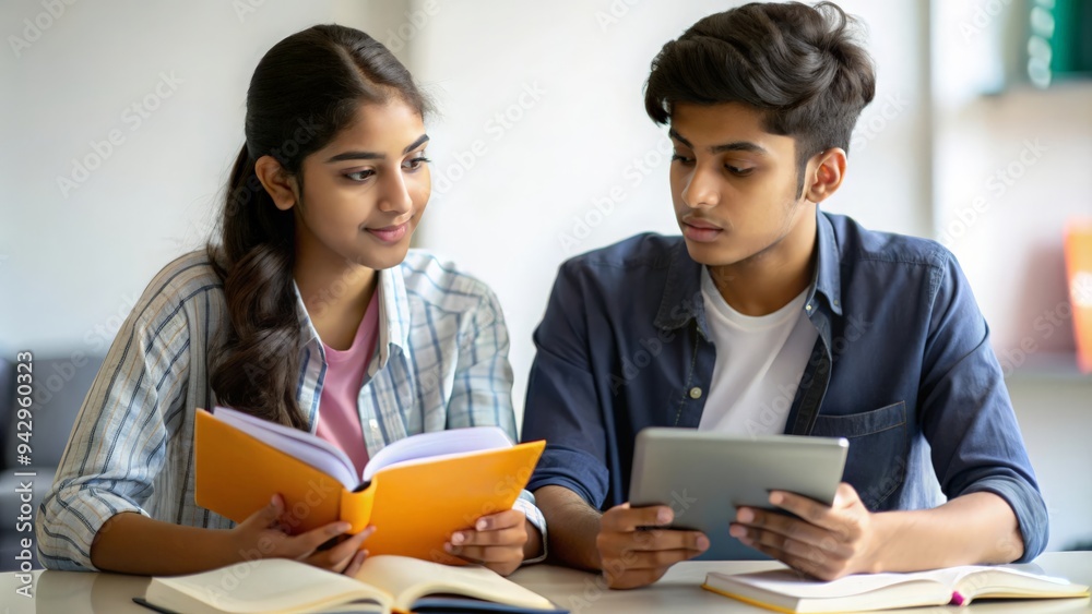 Indian students engaged in an academic discussion, with textbooks and notebooks in front of them.
Indian students engaged in an academic discussion, with textbooks and notebooks in front of them.
