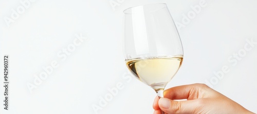 A refined hand raising a wine glass of white wine, perfectly isolated on a bright white background, capturing the wine s clarity