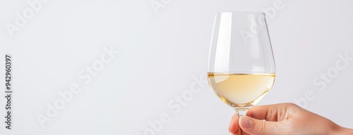 A refined hand raising a wine glass of white wine, perfectly isolated on a bright white background, capturing the wine s clarity