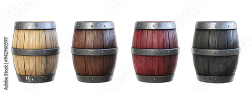 Collection of Colored Wooden Barrels on White Background photo