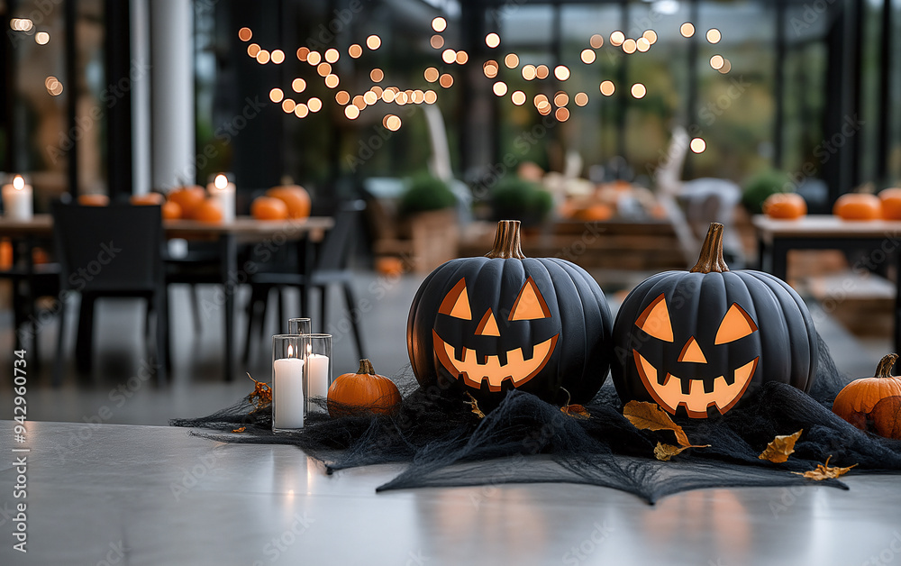 Fototapeta premium Charming Halloween Scene with Jack-o'-Lanterns and Lights