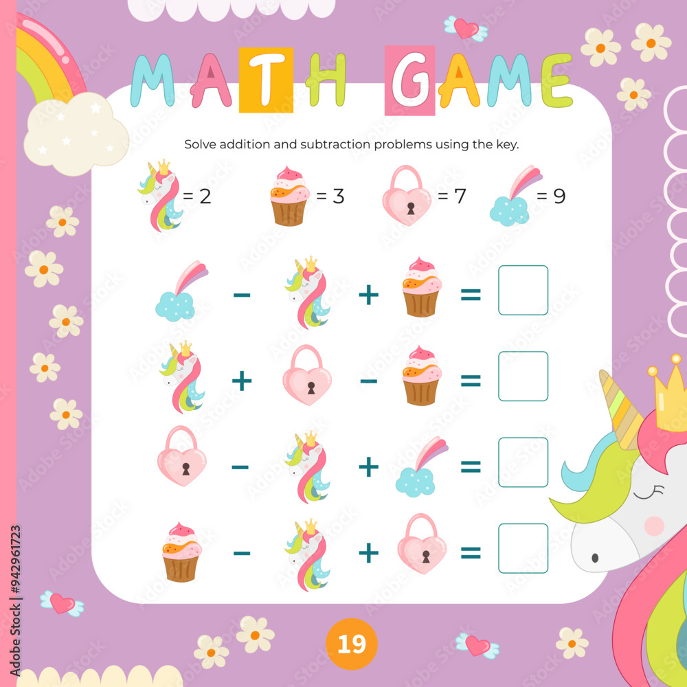 Cute Unicorn activities for kids. Solve arithmetic problems using the key. Vector illustration. Book square format. Math game for learning counting. Cute Unicorn activities for kids. Solve arithmetic problems using the key. Vector illustration. Book square format. Math game for learning counting.