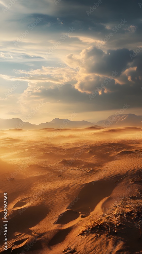 Sandy Desert Landscape with Cloudy Sky at Sunset Sandy Desert Landscape with Cloudy Sky at Sunset