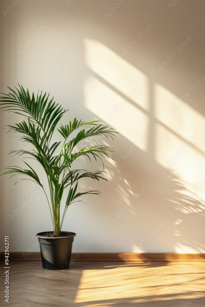 Fototapeta premium Sunlit Green Potted Plant Against Minimalist Beige Wall with Wooden Floor