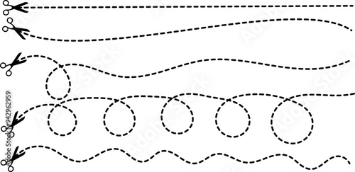 Scissors for hand cutting package. Scissor cut dot line. Open here packaging. Black shear mark isolated on white background. Opening element for design dash border. Dotted separation for paper. Vector