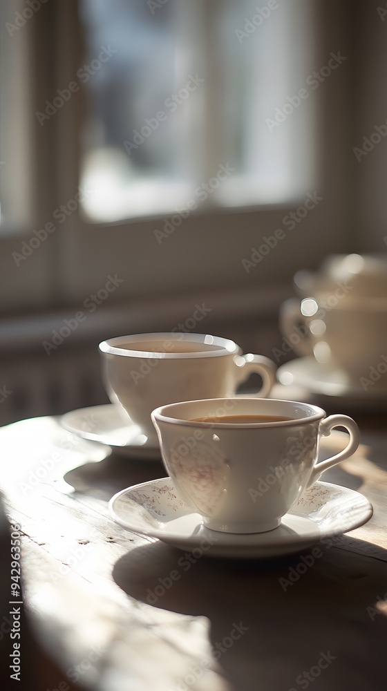 Close-up of a White Teacup and Saucer on a Wooden Table Close-up of a White Teacup and Saucer on a Wooden Table