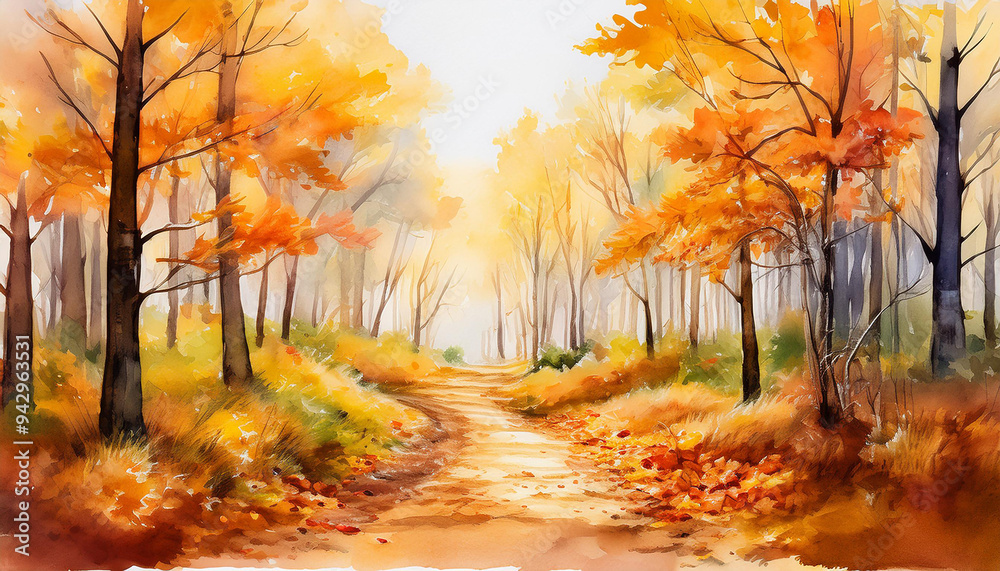 Fototapeta premium Watercolor painting of autumn forest with dirt trail and fallen leaves. Beautiful natural landscape.