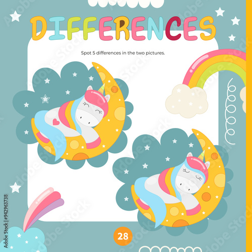Unicorn activities for kids. Spot 5 differences. Cute pony sleeps on the moon. Vector illustration. Activity Book square format. Game to boost attention and focus.