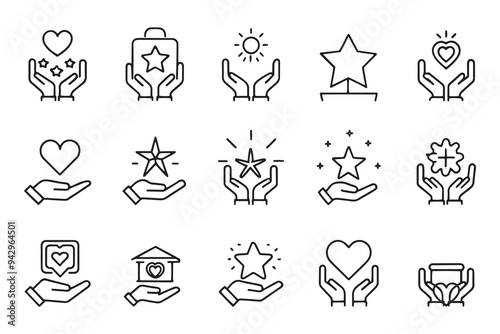  Hand holding star love and other effects related icons set isolated on white background flat vector illustration.