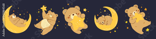 Set of flat vector illustrations in children's style. Cute bears sleeping on the moon and flying in space. Space and stars. Vector illustration