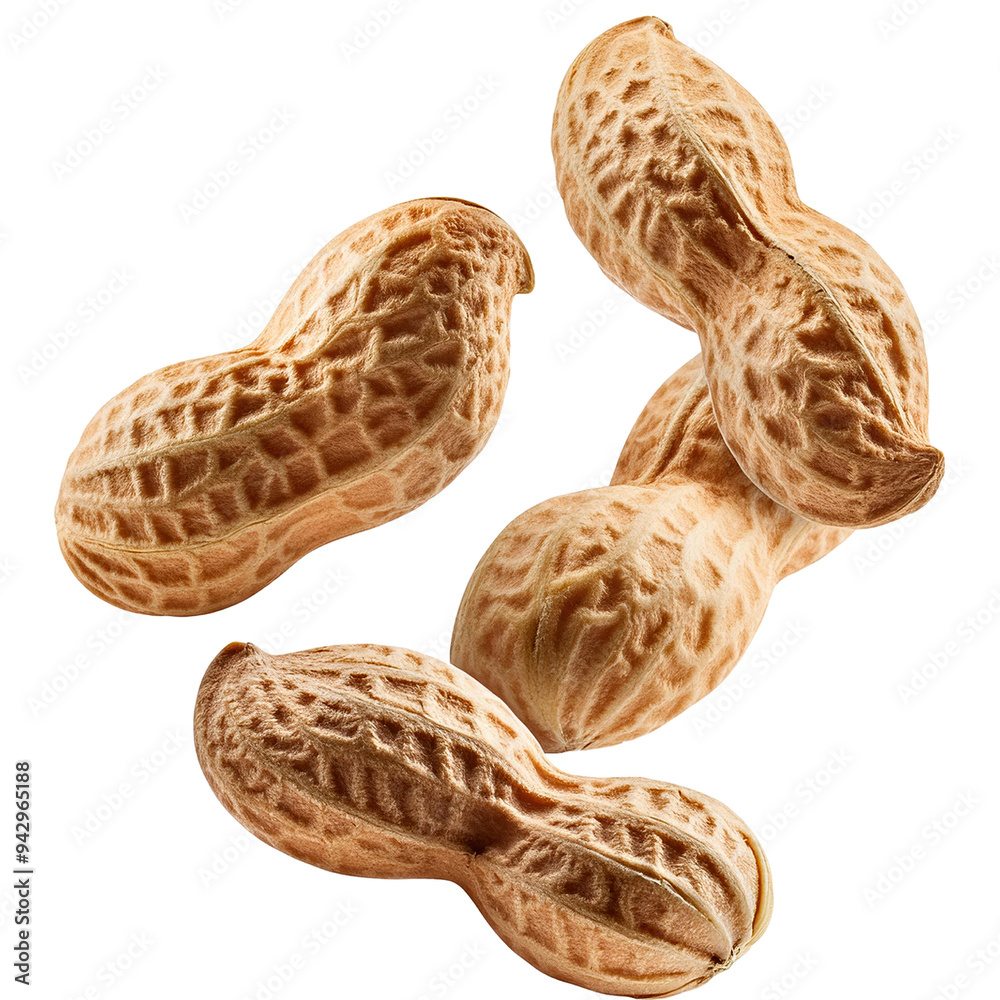 Close-Up View of Four Shelled Peanuts Isolated on White Background Close-Up View of Four Shelled Peanuts Isolated on White Background