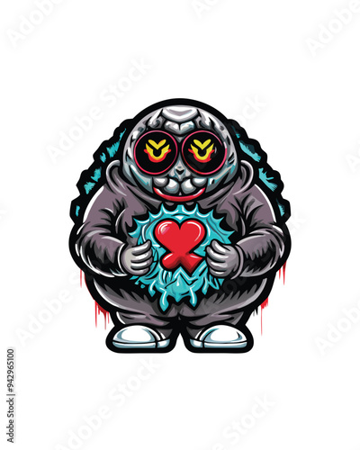 A round-headed monster with x-shaped eyes, a large grin and a red heart.