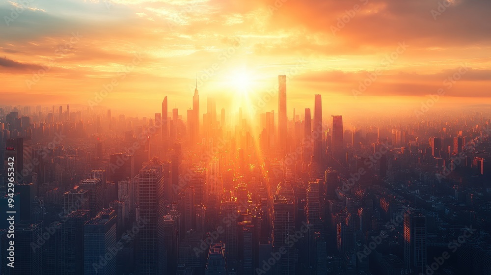 Stunning Urban Sunrise Over Modern City Skyline with Skyscrapers and Golden Sunlight Stunning Urban Sunrise Over Modern City Skyline with Skyscrapers and Golden Sunlight