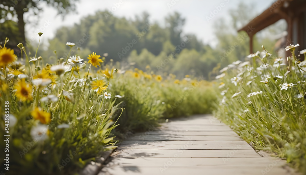 Obraz premium Wooden path leading through a field of wildflowers