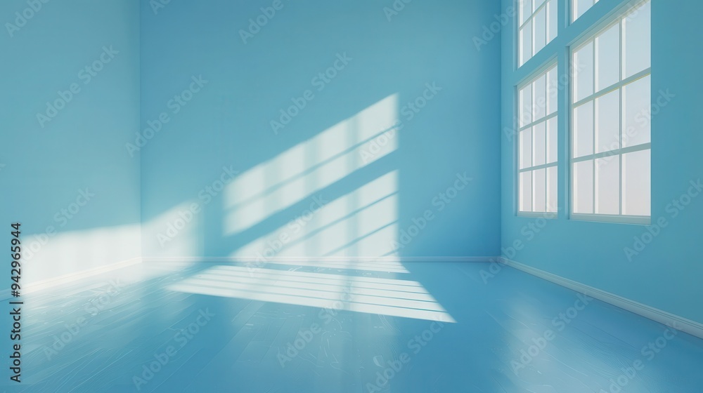 Fototapeta premium A room with a blue wall and white windows. The room is empty and has a very clean and bright appearance