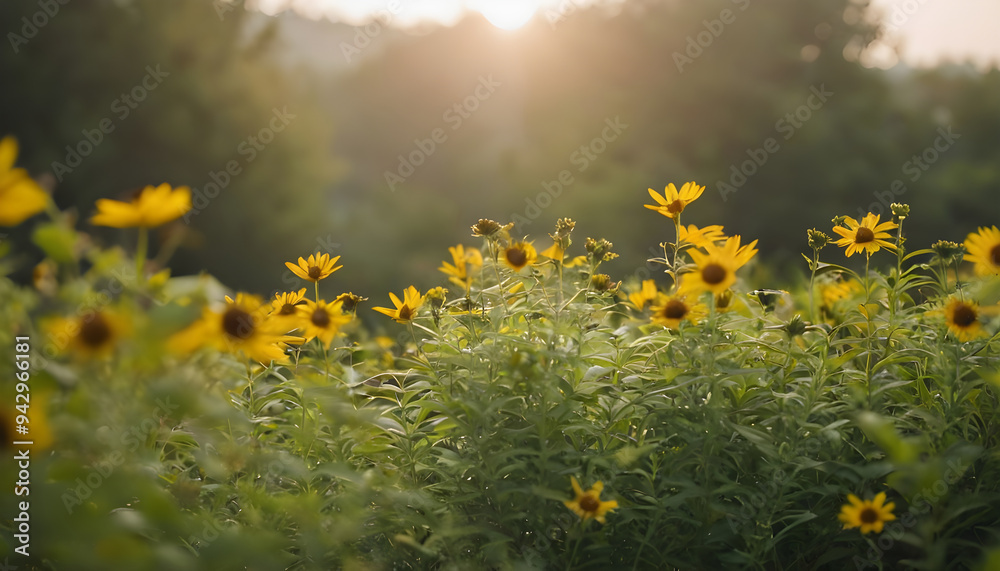 Golden hour sunlight glowing on a field of wildflowers Golden hour sunlight glowing on a field of wildflowers