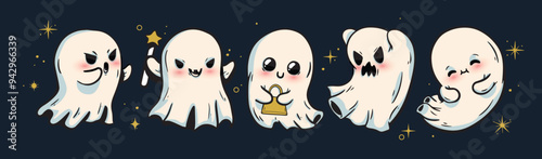 Halloween ghost set vector illustration. Cute funny happy spirits with different emotions, face expressions. Happy halloween phantom design isolated on dark background in simple modern flat cartoon