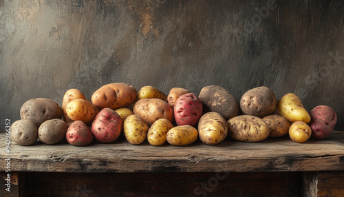 High-quality still life of various types of potatoes displayed on a rustic wooden table. The scene features realistic textures, natural lighting, and detailed shadows, with a focus on the unique potat photo