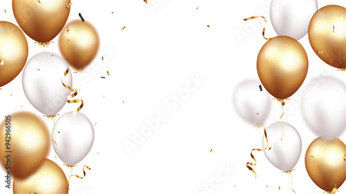 Celebration banner with gold confetti and balloons